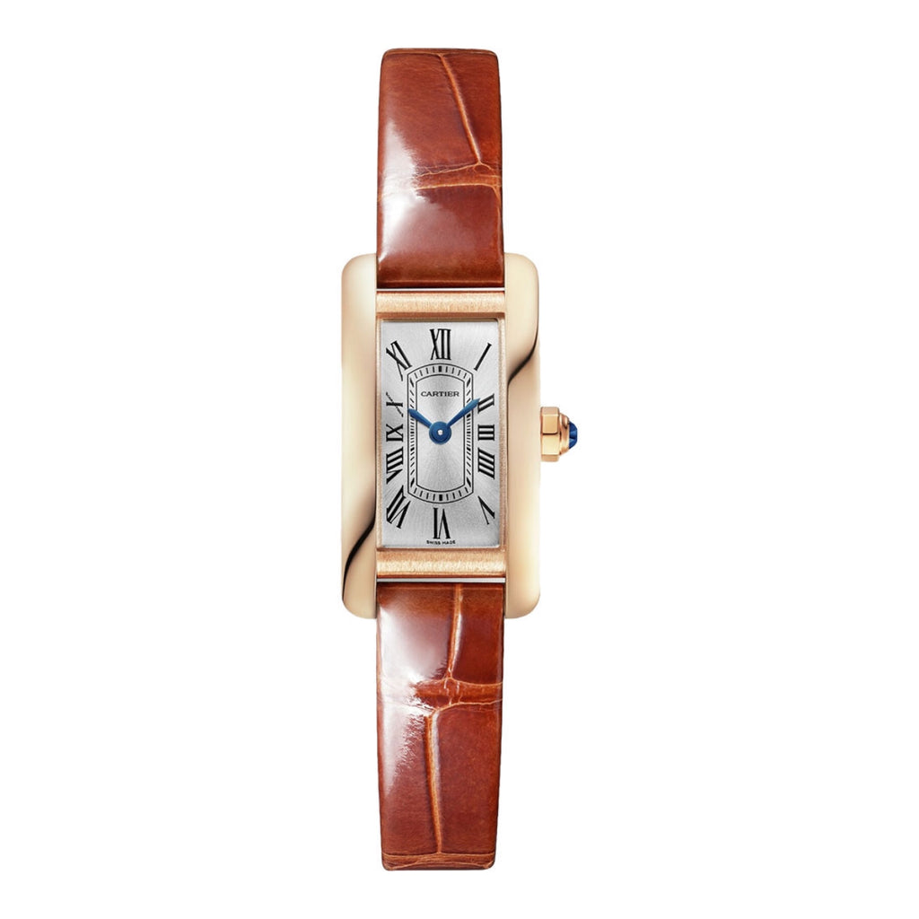 Cartier, Tank Americaine 28 mm | dark brown shiny alligator-skin strap bracelet | Silver Dial | Ladies Watch, Ref. # WGTA0132
