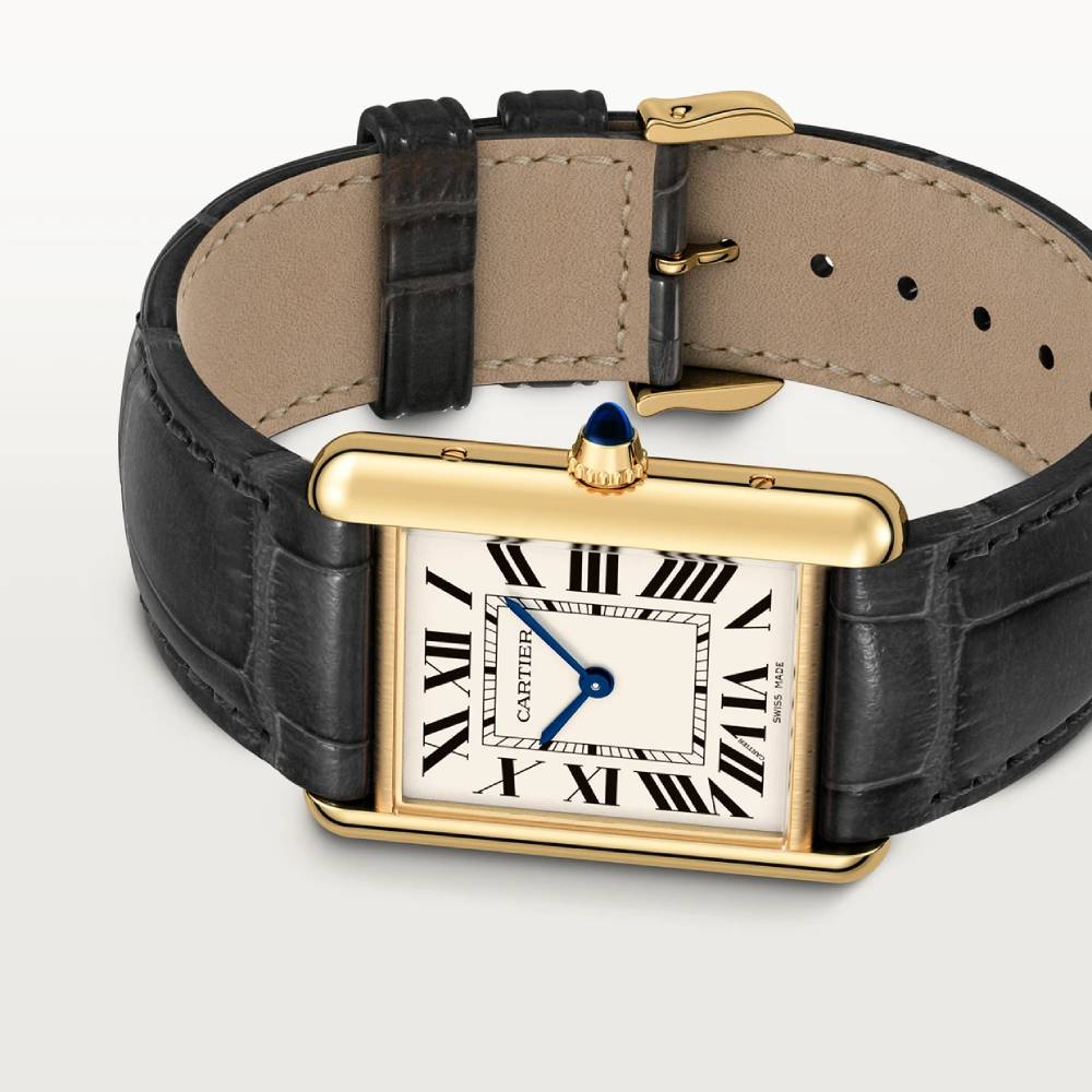 Cartier Tank Louis Cartier 38mm Watch - Ref: WGTA0346 - Silver Roman Dial in 18k Yellow Gold, Black Leather Bracelet