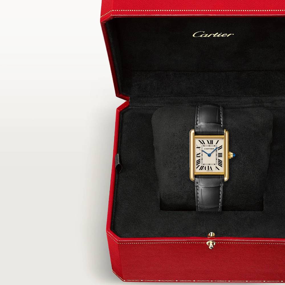 Cartier Tank Louis Cartier 38mm Watch - Ref: WGTA0346 - Silver Roman Dial in 18k Yellow Gold, Black Leather Bracelet