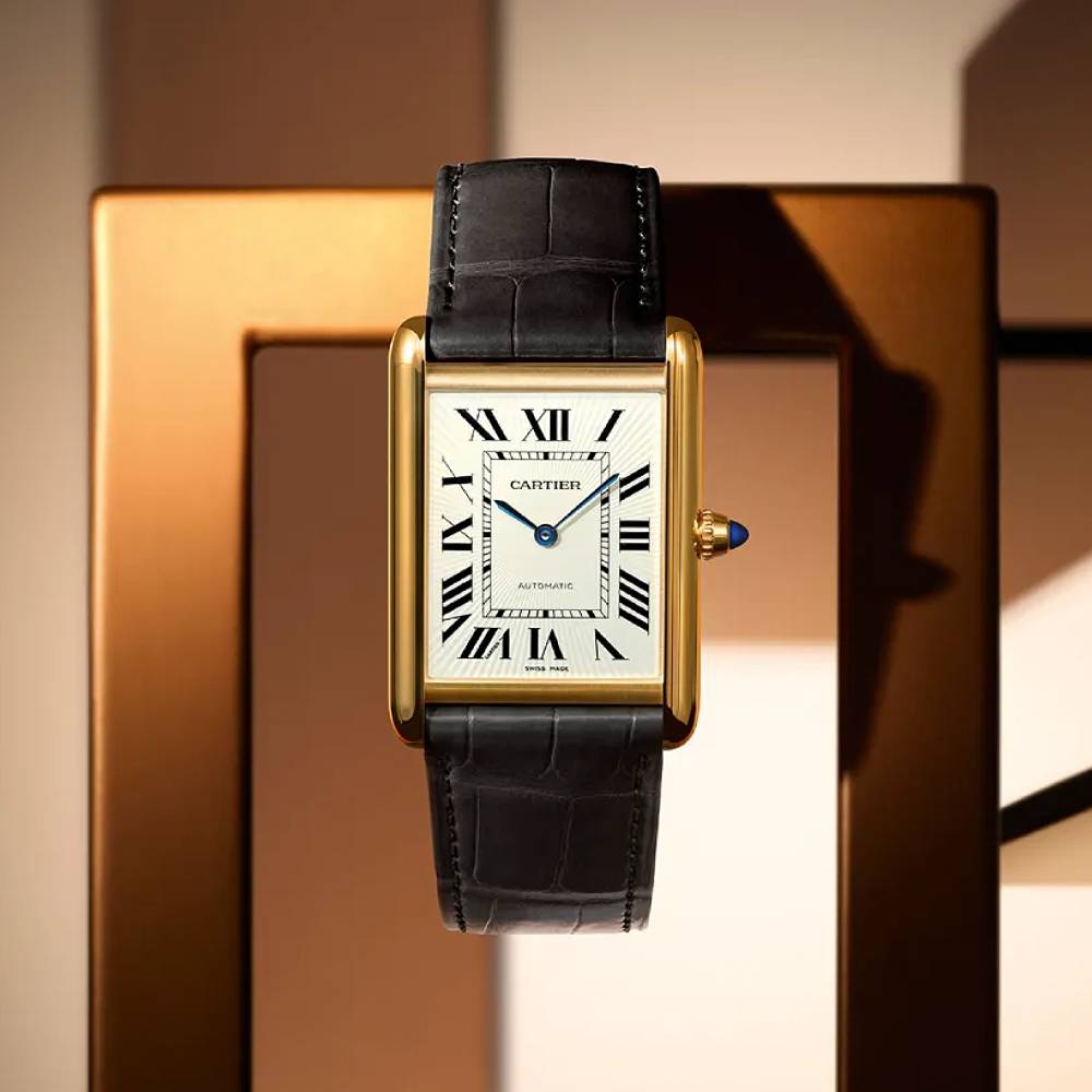 Cartier Tank Louis Cartier 38mm Watch - Ref: WGTA0346 - Silver Roman Dial in 18k Yellow Gold, Black Leather Bracelet