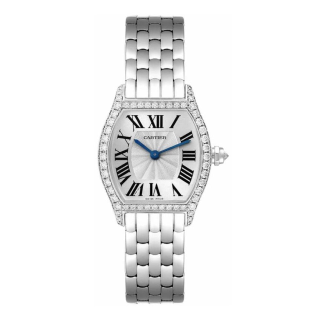 Cartier, Tortue 24mm | White Gold Bracelet | Silver Flinque Dial diamond Bezel | White Gold Case | Ladies Watch, Ref. # WA501011