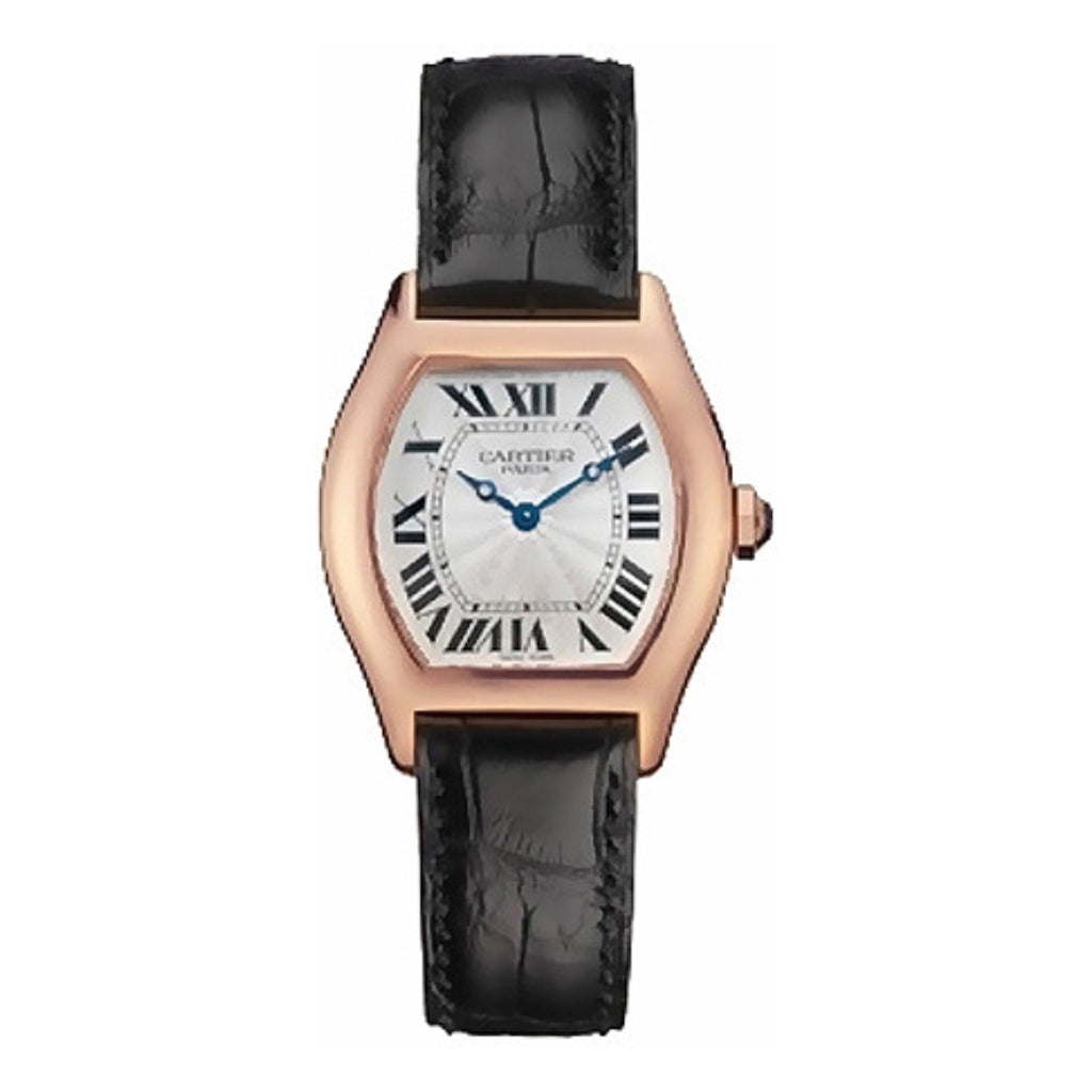 Cartier, Tortue 28mm | Black Leather Strap | Silver Dial Rose Gold Bezel | Rose Gold Case | Ladies Watch, Ref. # W1540251