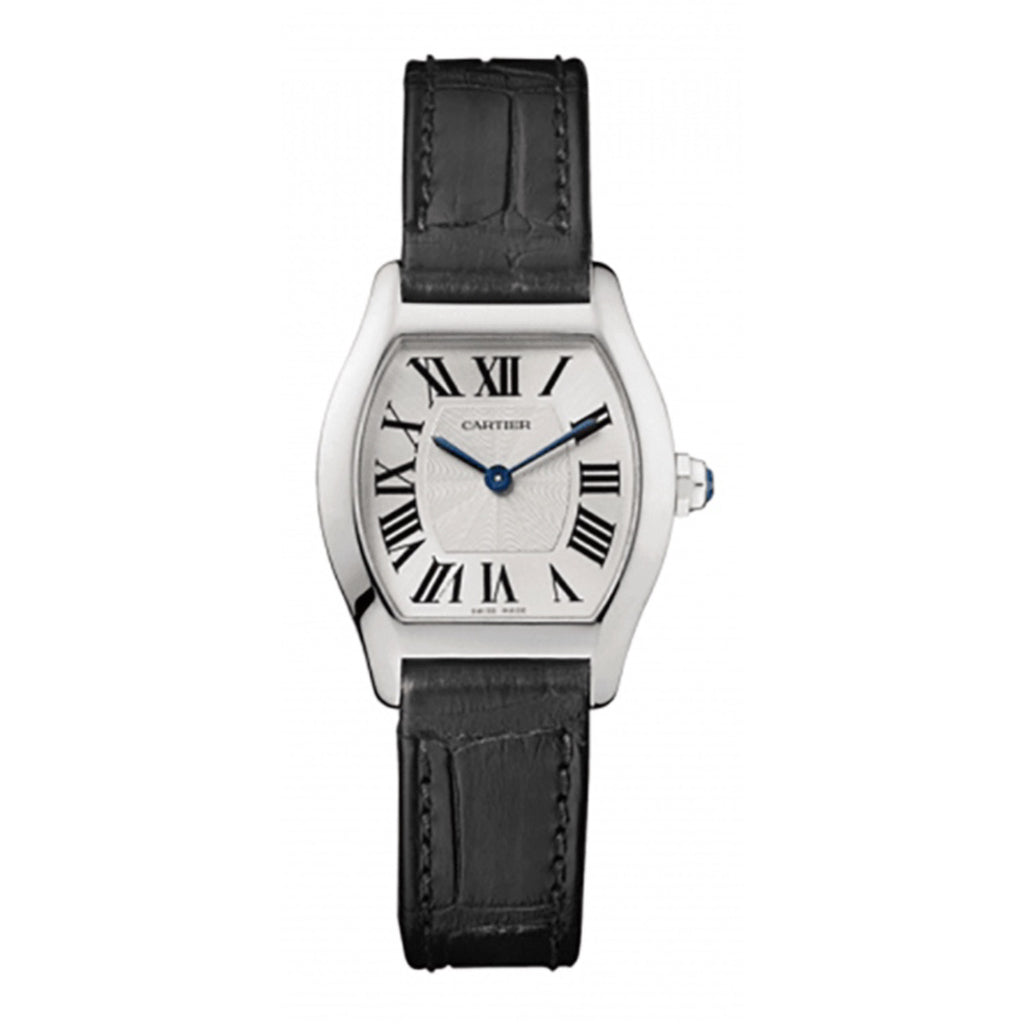 Cartier, Tortue 30mm | Black Leather Strap with Pattern | Silver Guilloche Dial White gold Bezel | White Gold Case | Ladies Watch, Ref. # W1556361