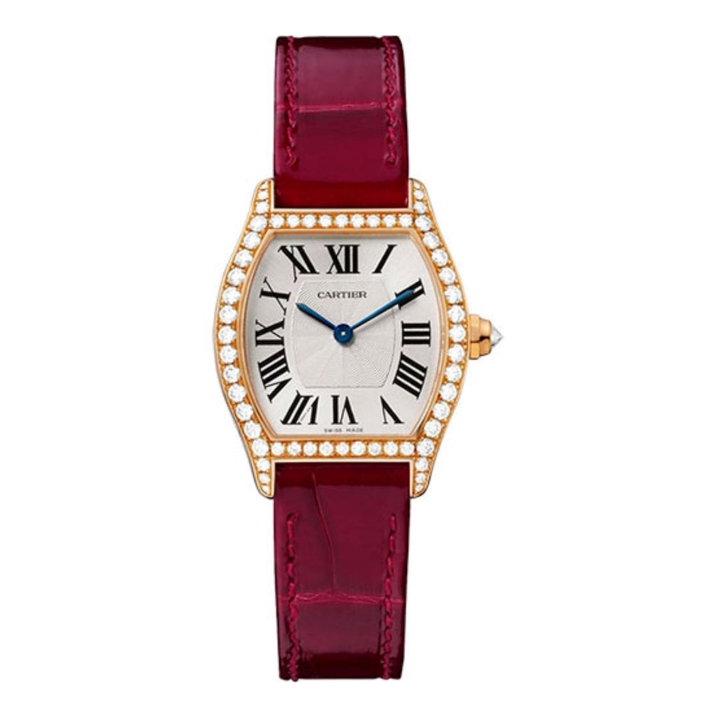 Cartier, Tortue 30mm | bordeaux alligator skin strap Bracelet | silver Dial diamond Bezel | rose gold Case | Ladies Watch, Ref. # WA501006