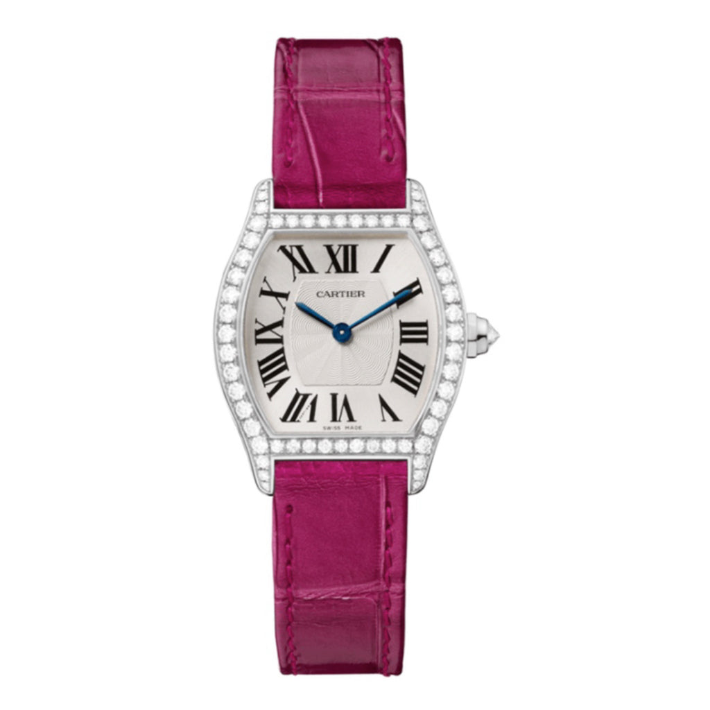 Cartier, Tortue 30mm | fuchsia-pink Leather Strap with Pattern | Silver Dial diamond Bezel | White Gold Case | Ladies Watch, Ref. # WA501007