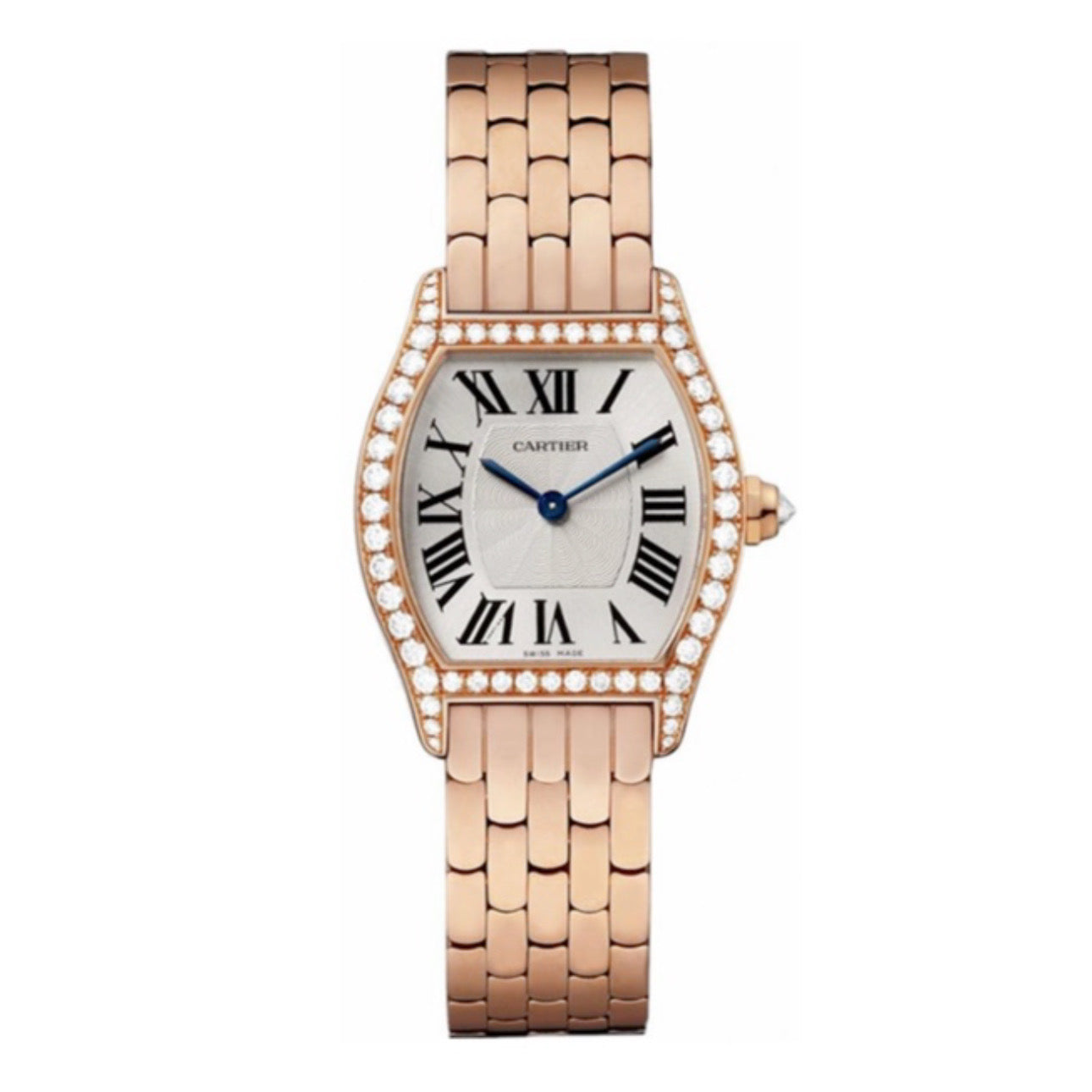 Cartier Tortue 30mm Rose Gold Bracelet Silver Dial diamond Bezel