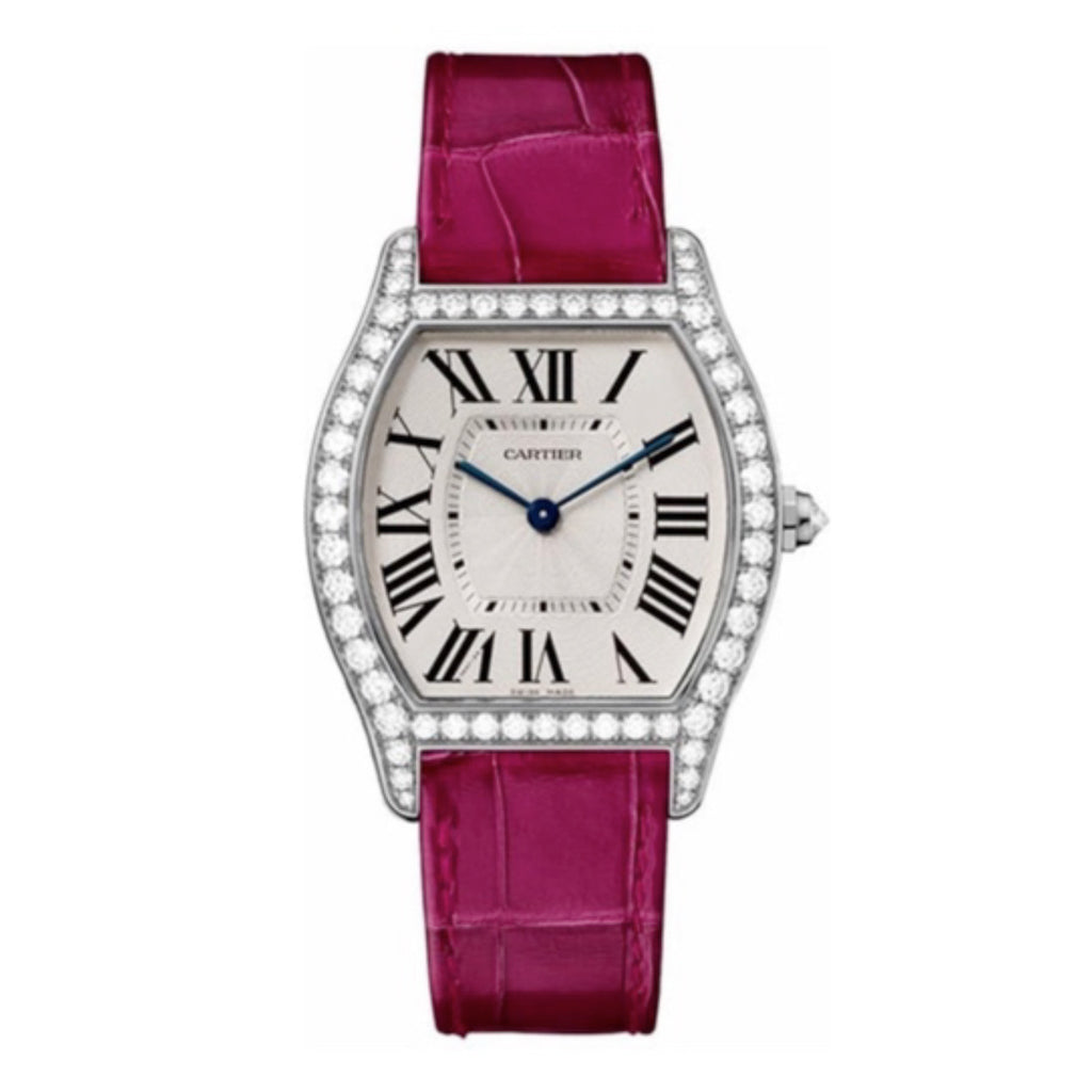 Cartier, Tortue 31mm | Pink Leather Strap with Pattern | Silver Dial diamond Bezel | White Gold Case | Ladies Watch, Ref. # WA501009