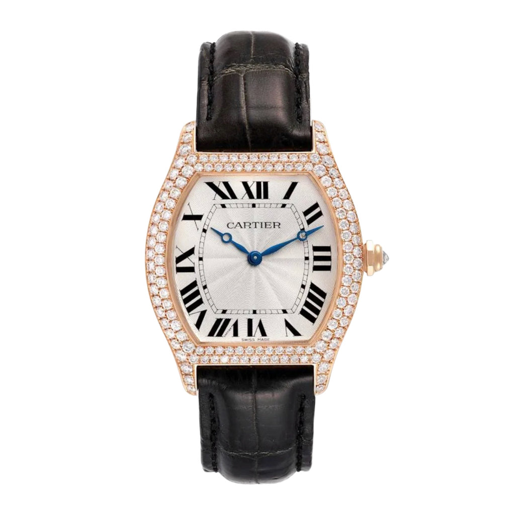 Cartier, Tortue 34.60mm | Black Leather Strap | Silver Dial diamond Bezel | Rose Gold Case | Ladies Watch, Ref. # WA503751