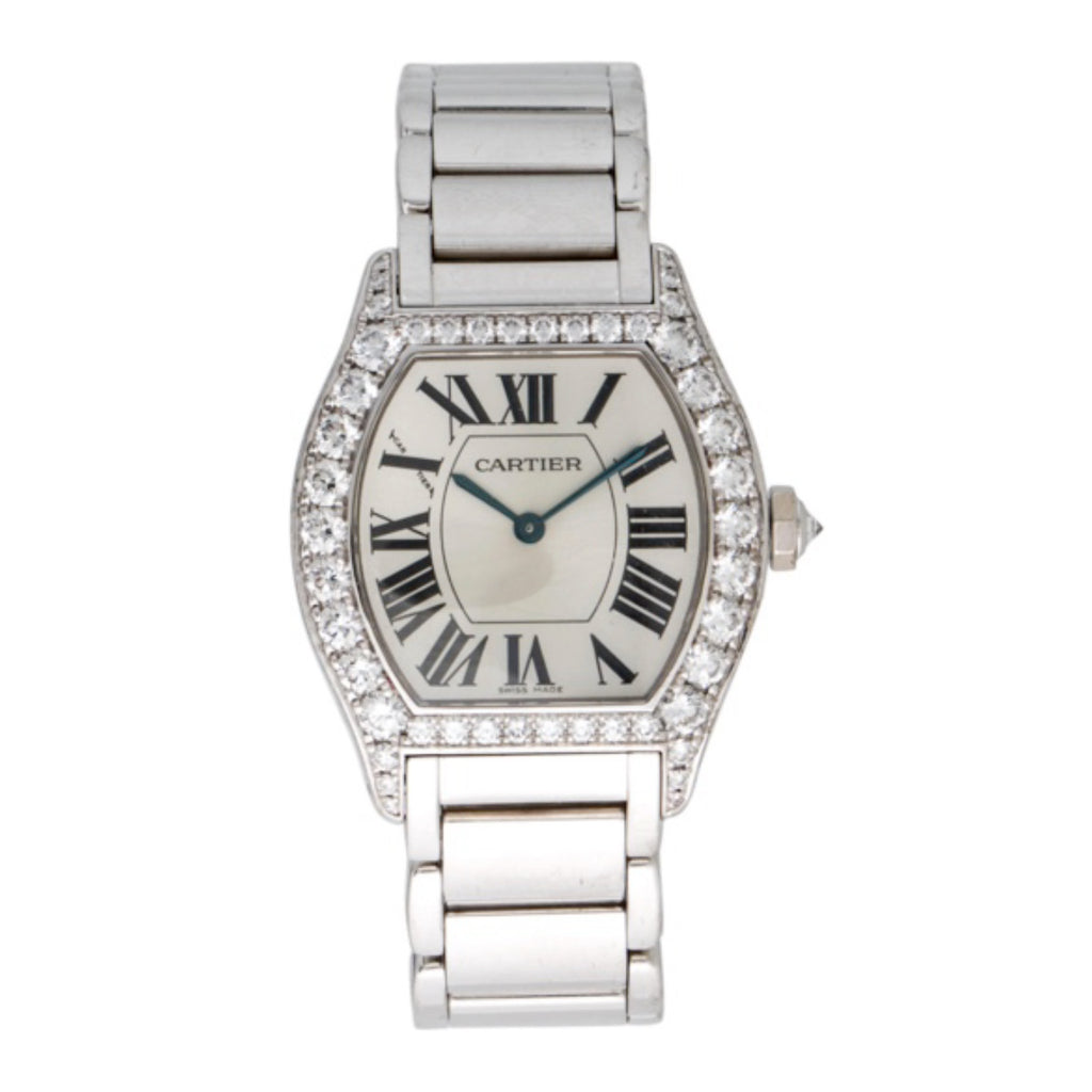 Cartier, Tortue Francaise 34mm | White Gold Bracelet | Silver Dial diamond Bezel | White Gold Case | Ladies Watch, Ref. # WA5072W9