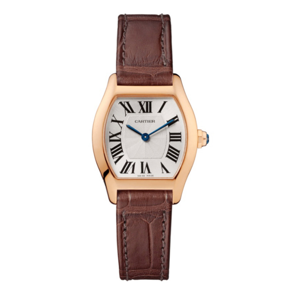 Cartier, Tortue 30mm | Brown Leather Strap with Pattern | Silver Guilloche Dial Rose gold Bezel | Rose Gold Case | Ladies Watch, Ref. # W1556360