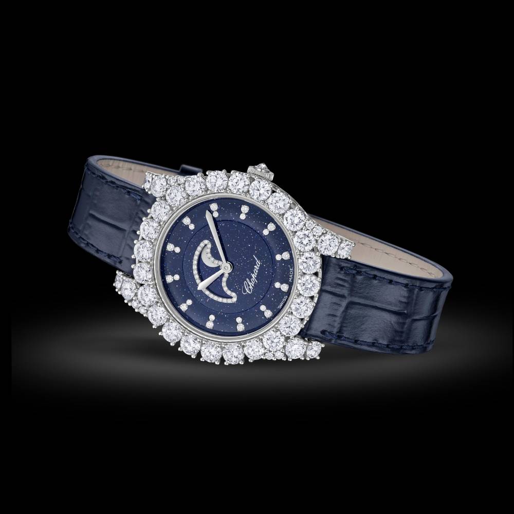 Chopard L’Heure Du Diamant Moonphase 35mm Watch - Ref: 139445-1001 - Blue Diamond Dial in 18k White Gold Case, Blue Leather