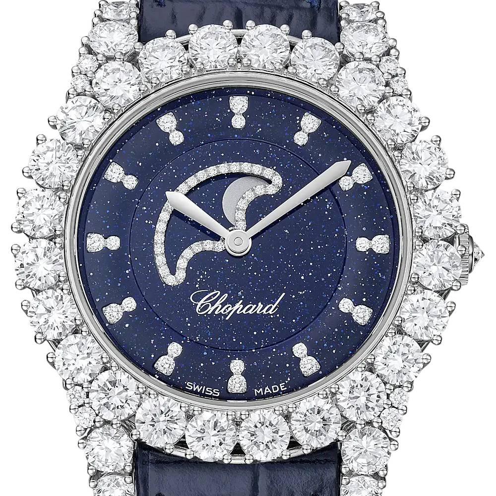 Chopard L’Heure Du Diamant Moonphase 35mm Watch - Ref: 139445-1001 - Blue Diamond Dial in 18k White Gold Case, Blue Leather