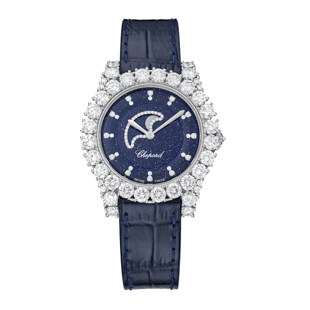 Chopard L’Heure Du Diamant Moonphase 35mm Watch - Ref: 139445-1001 - Blue Diamond Dial in 18k White Gold Case, Blue Leather