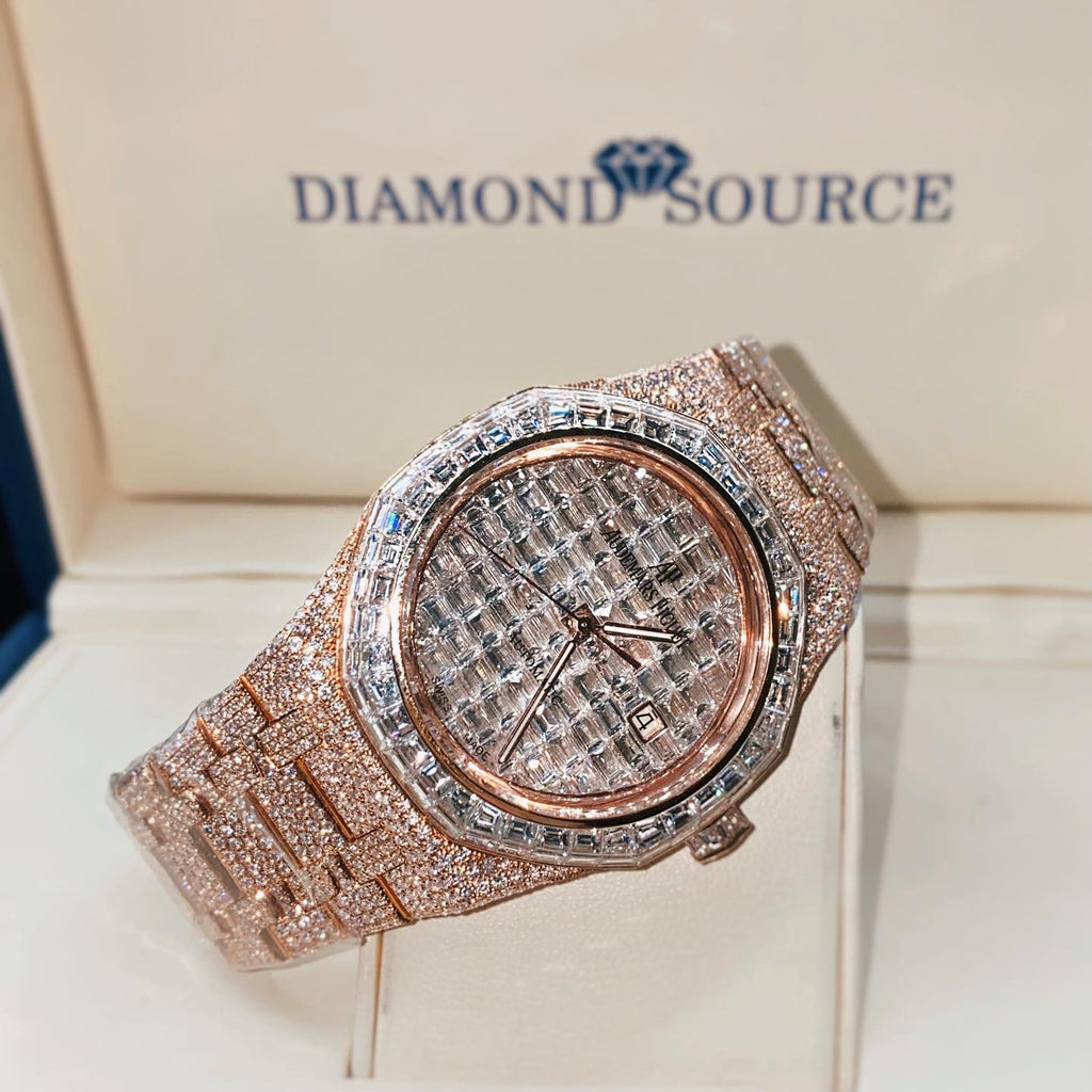 Custom Iced Out Audemars Piguet Royal Oak 33 mm | 18k Rose Gold Bracelet | Diamond Dial Diamond Bezel | 18k Rose Gold Case | Ladies Watch Ref. 15500