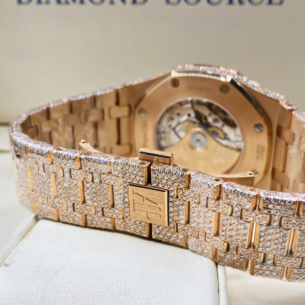 Custom Iced Out Audemars Piguet Royal Oak 33 mm | 18k Rose Gold Bracelet | Diamond Dial Diamond Bezel | 18k Rose Gold Case | Ladies Watch Ref. 15500