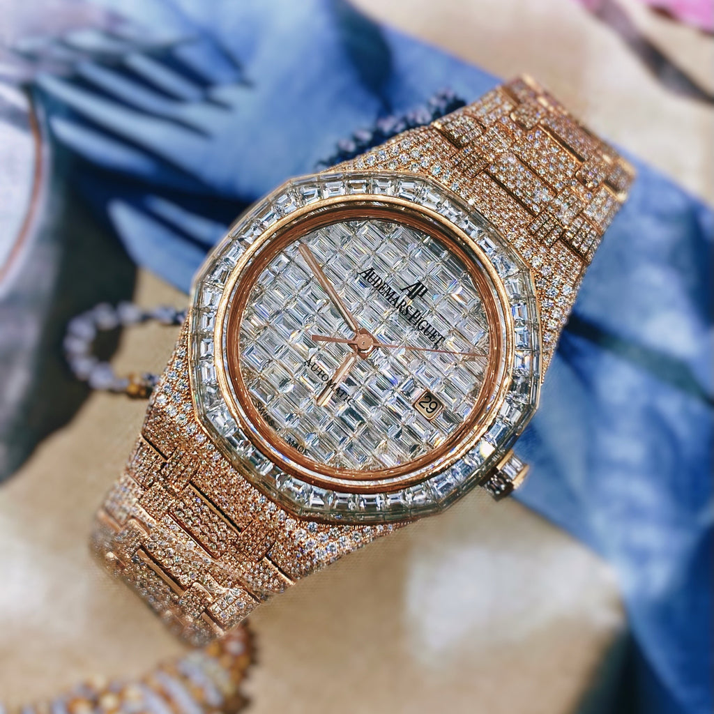 Custom Iced Out Audemars Piguet Royal Oak 33 mm | 18k Rose Gold Bracelet | Diamond Dial Diamond Bezel | 18k Rose Gold Case | Ladies Watch Ref. 15500