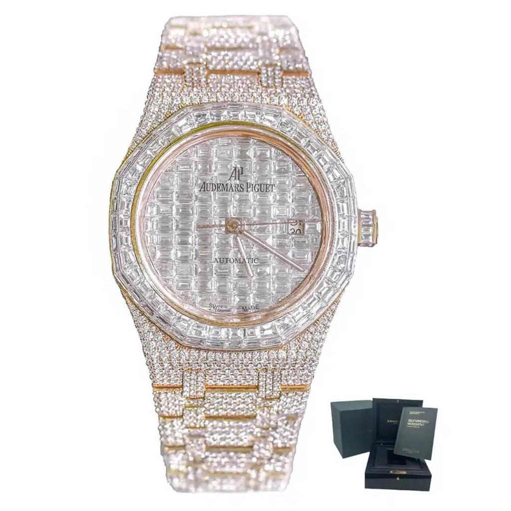 Custom Iced Out Audemars Piguet Royal Oak 33 mm | 18k Rose Gold Bracelet | Diamond Dial Diamond Bezel | 18k Rose Gold Case | Ladies Watch Ref. 15500