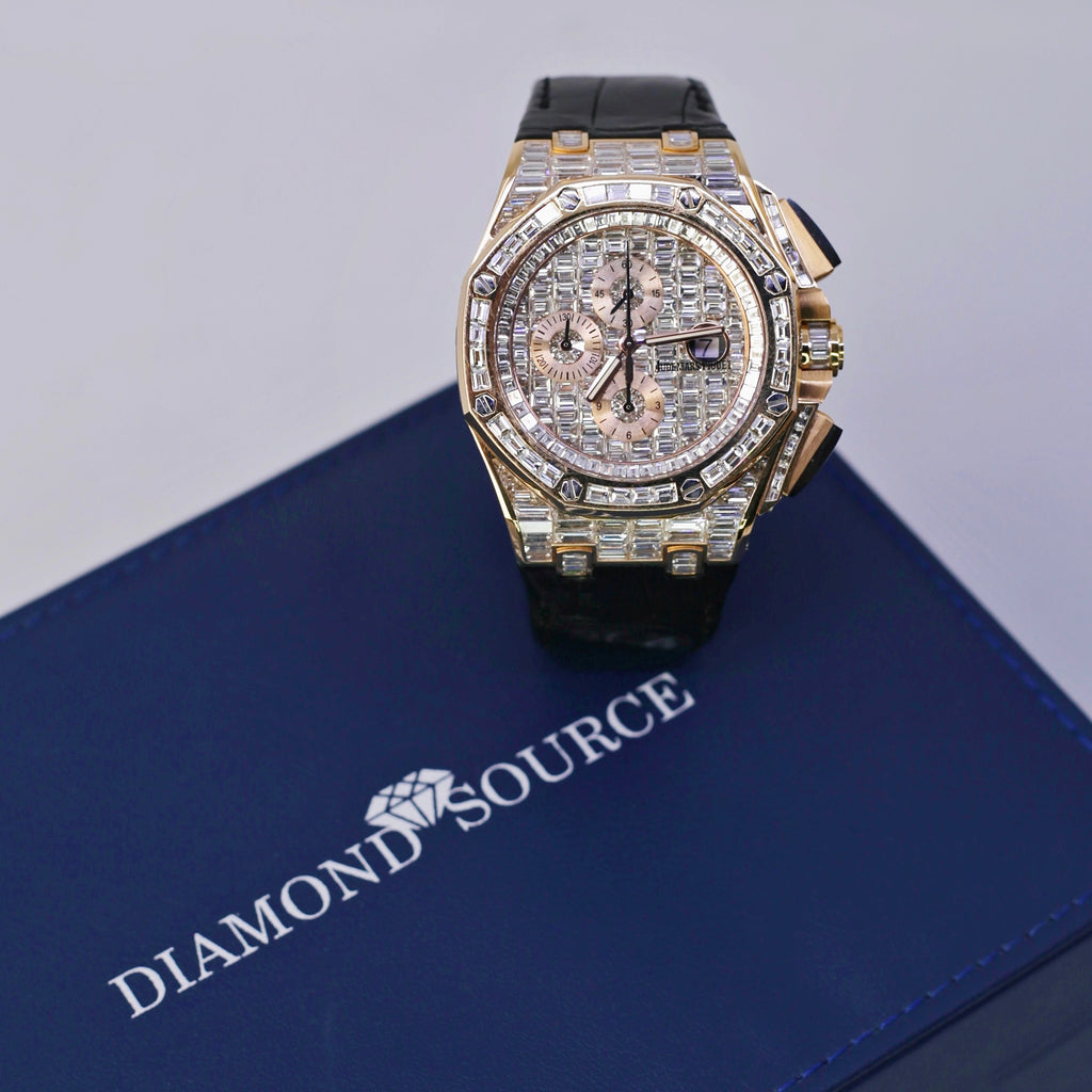 Custom Iced Out Audemars Piguet Royal Oak Offshore Chronograph 42mm, Black alligator leather  | Diamond Dial | 18k Rose Gold Case | Mens Watch, Ref. 26470.OR