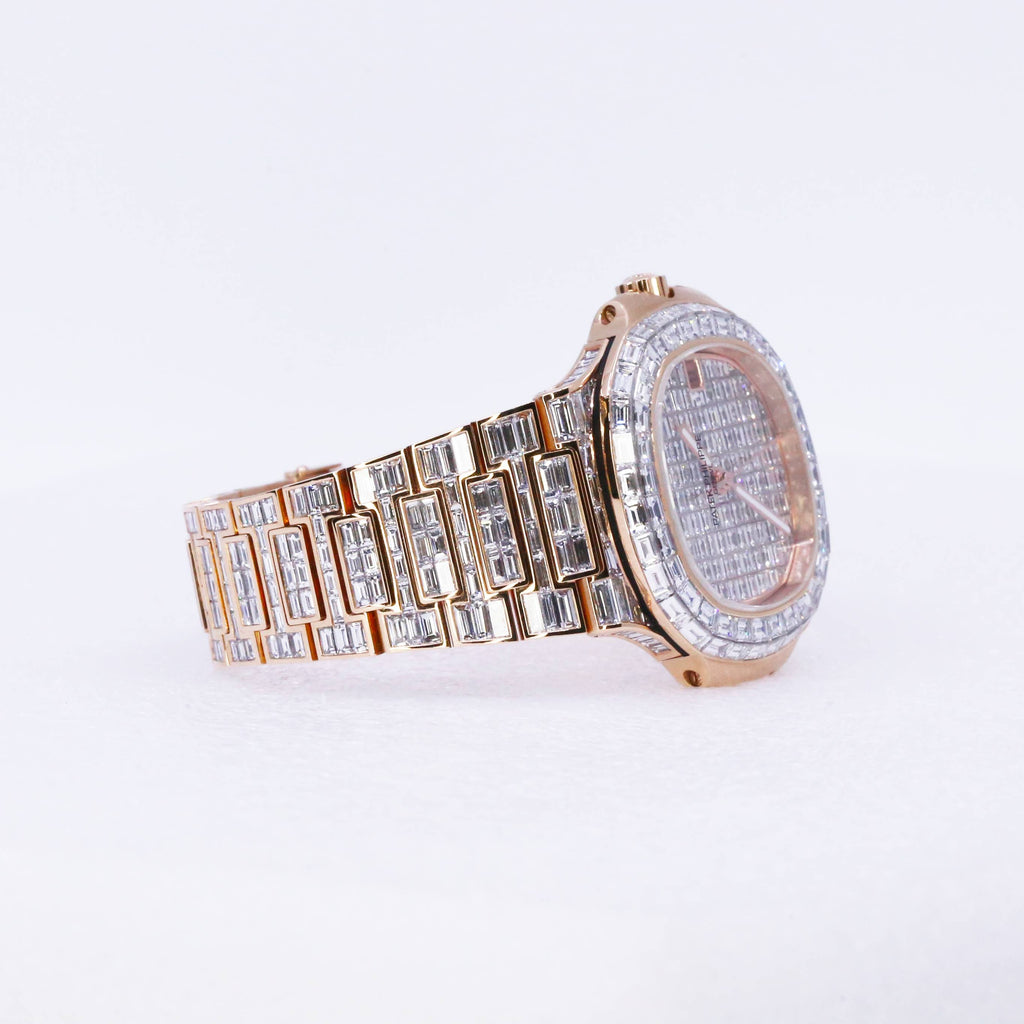 Custom Iced Out Patek Philippe Nautilus 40 mm | 18k Rose gold diamond bracelet | Diamond dial | 18k Rose gold diamond Case Men's Watch 750000