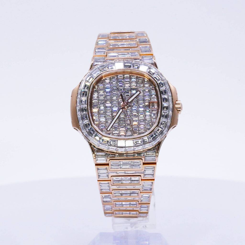 Custom Iced Out Patek Philippe Nautilus 40 mm | 18k Rose gold diamond bracelet | Diamond dial | 18k Rose gold diamond Case Men's Watch 750000