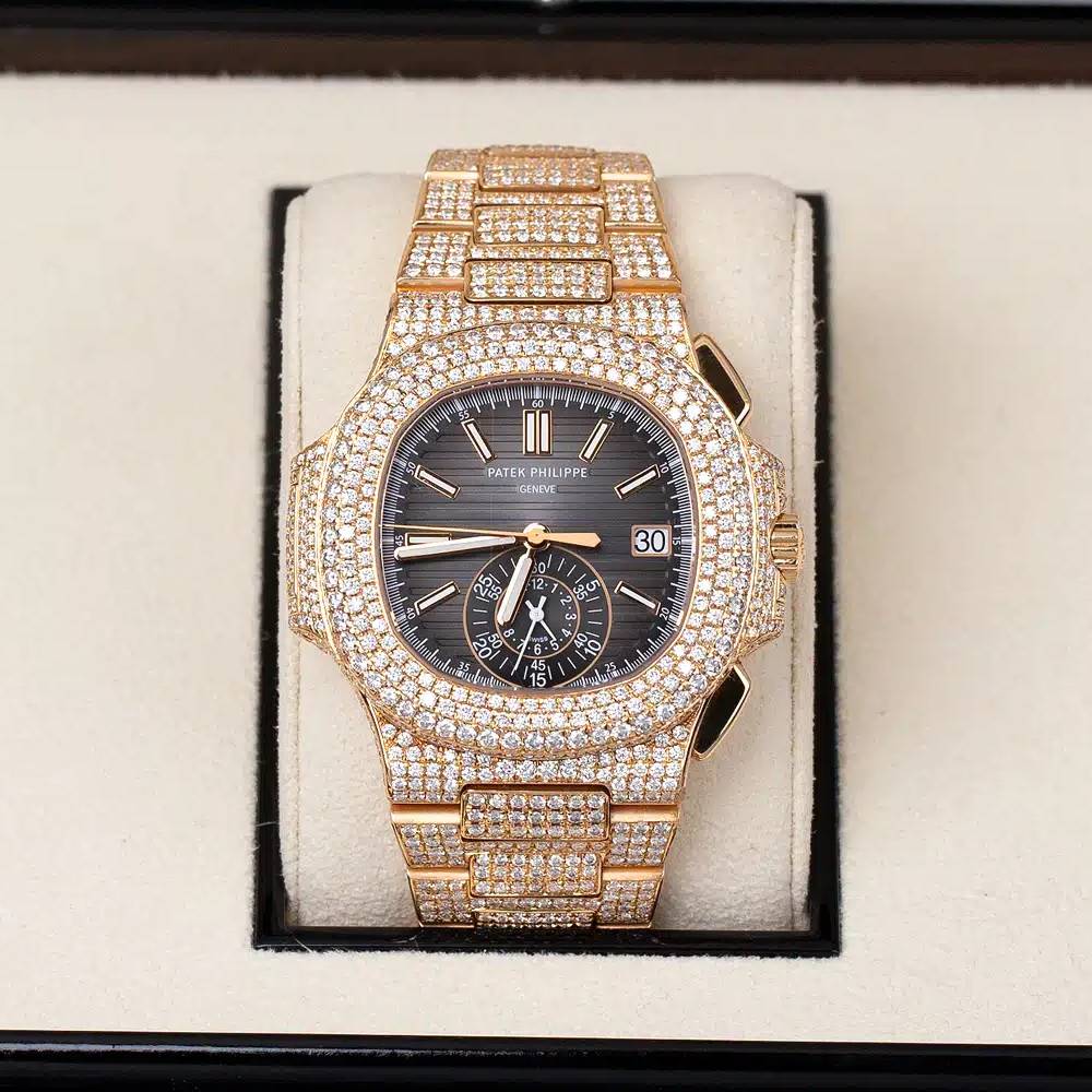 Custom Iced Out Patek Philippe Nautilus 40.5mm Watch - Ref: 5980/1R - Black Dial, Diamond Case 18K Rose Gold Diamond Bracelet