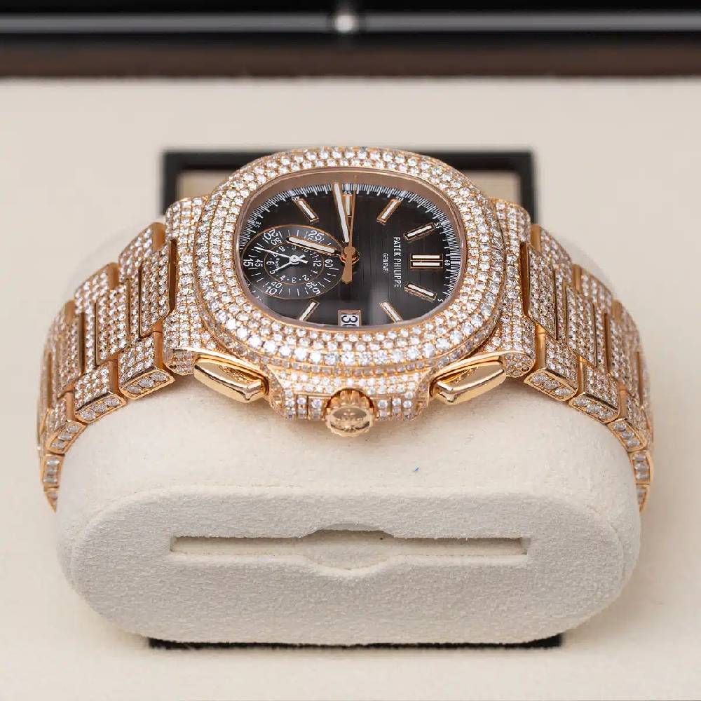 Custom Iced Out Patek Philippe Nautilus 40.5mm Watch - Ref: 5980/1R - Black Dial, Diamond Case 18K Rose Gold Diamond Bracelet