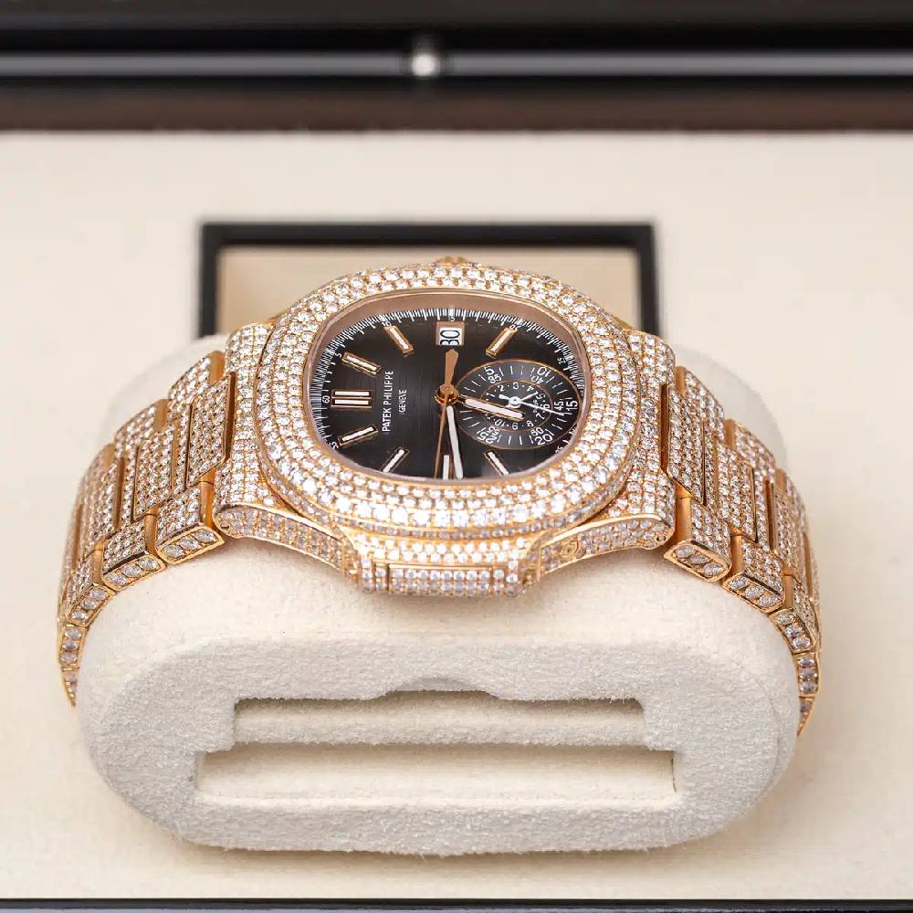 Custom Iced Out Patek Philippe Nautilus 40.5mm Watch - Ref: 5980/1R - Black Dial, Diamond Case 18K Rose Gold Diamond Bracelet