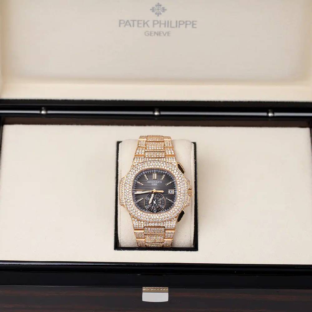 Custom Iced Out Patek Philippe Nautilus 40.5mm Watch - Ref: 5980/1R - Black Dial, Diamond Case 18K Rose Gold Diamond Bracelet