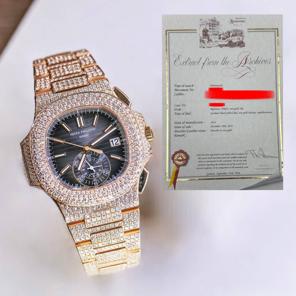 Custom Iced Out Patek Philippe Nautilus 40.5mm Watch - Ref: 5980/1R - Black Dial, Diamond Case 18K Rose Gold Diamond Bracelet