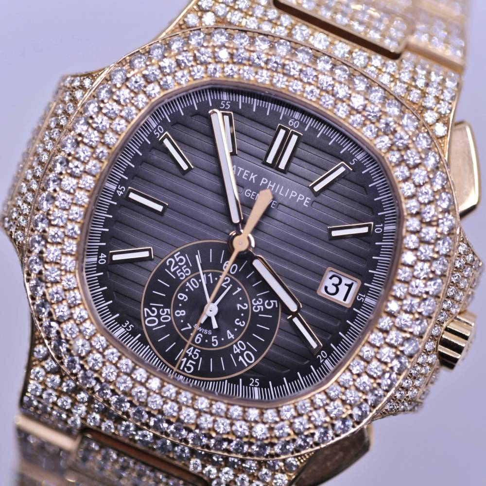 Custom Iced Out Patek Philippe Nautilus 40.5mm Watch - Ref: 5980/1R - Black Dial, Diamond Case 18K Rose Gold Diamond Bracelet