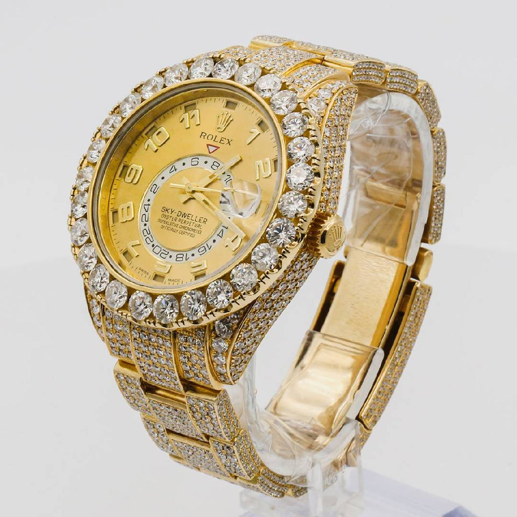 Fully ICED OUT Rolex Sky Dweller Champagne Dial GMT 18k Yellow Gold Mens Watch 326938