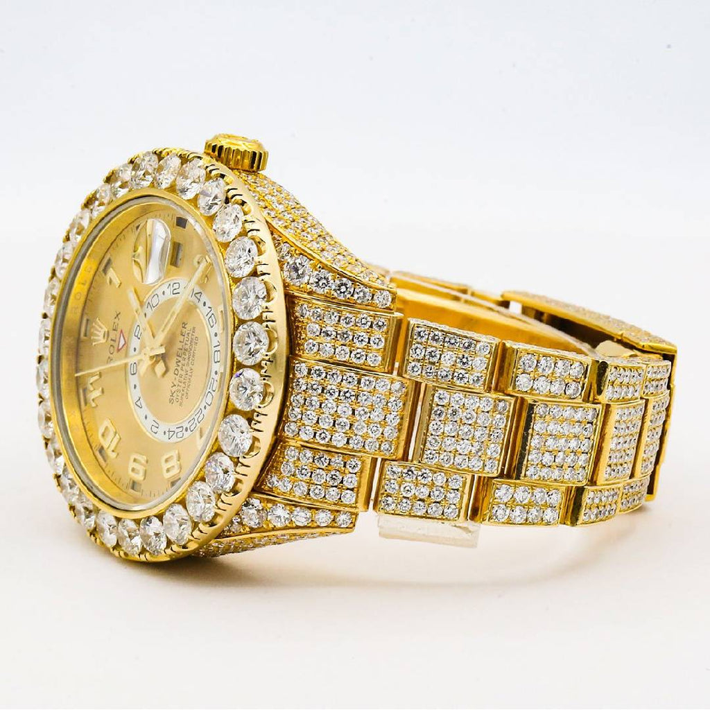 Fully ICED OUT Rolex Sky Dweller Champagne Dial GMT 18k Yellow Gold Mens Watch 326938