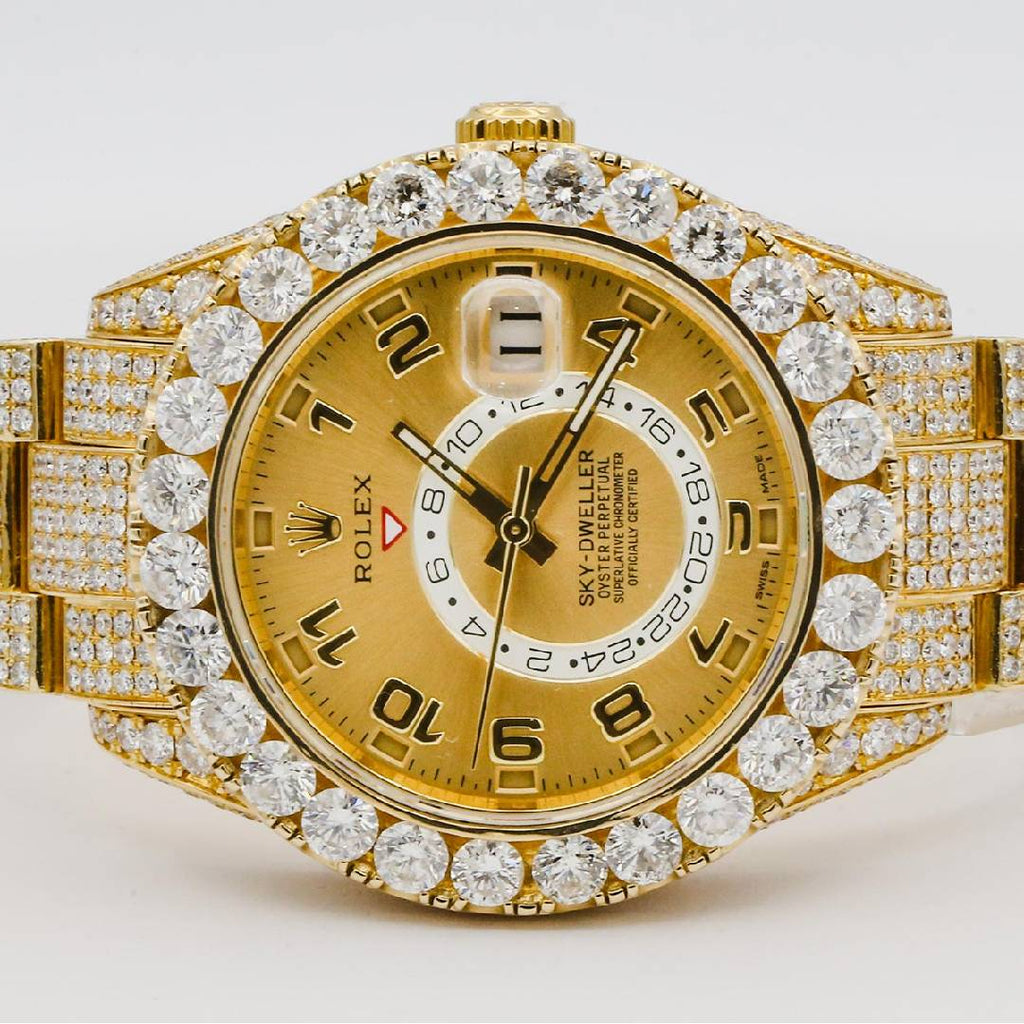 Fully ICED OUT Rolex Sky Dweller Champagne Dial GMT 18k Yellow Gold Mens Watch 326938