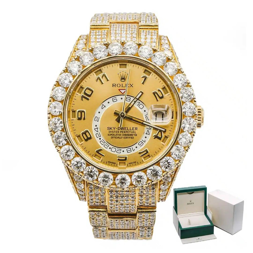 Fully ICED OUT Rolex Sky Dweller Champagne Dial GMT 18k Yellow Gold Mens Watch 326938