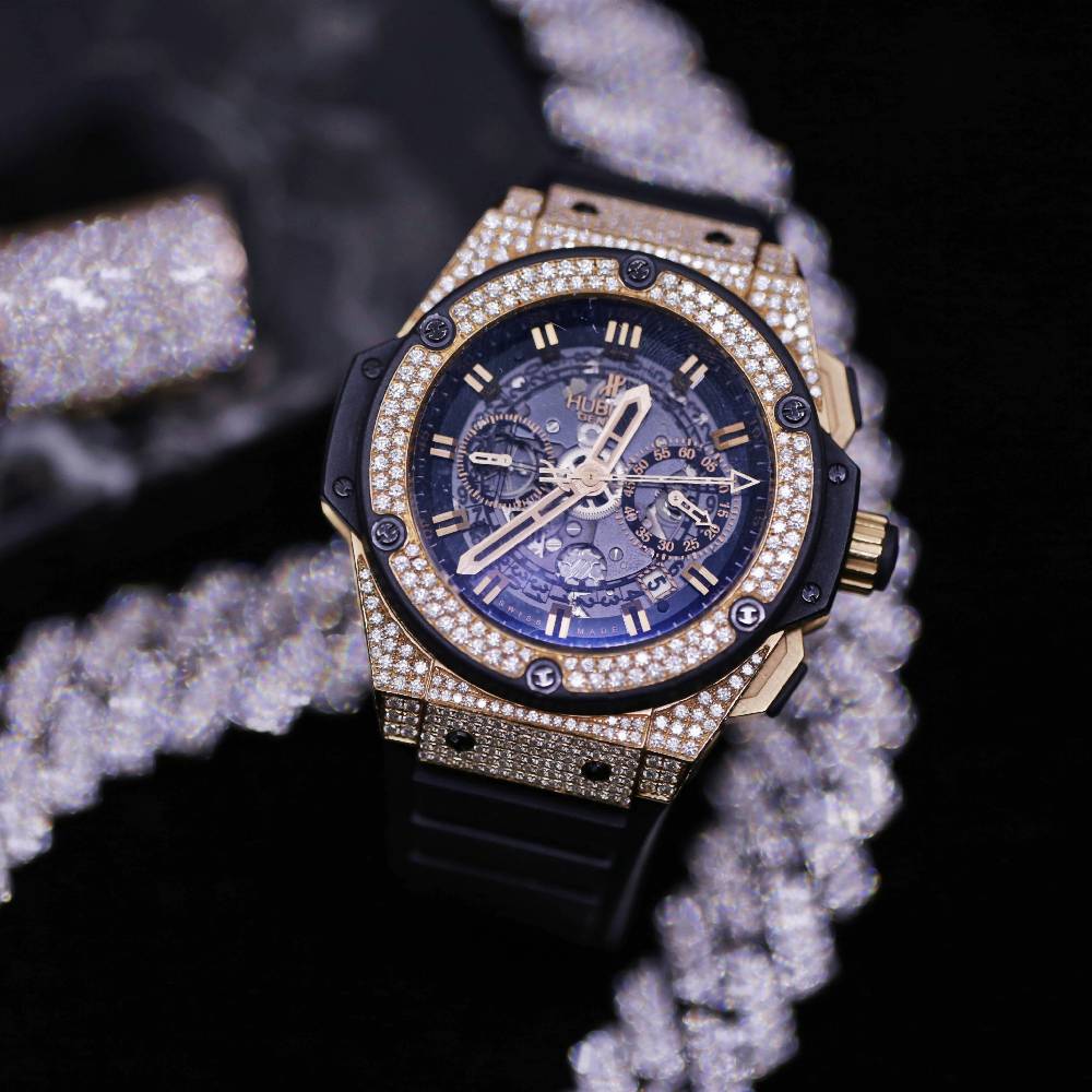 Hublot King Power Custom Iced Out 48mm Black Dial with Rubber Bracelet 4.50CT Diamonds 701.OX.0180