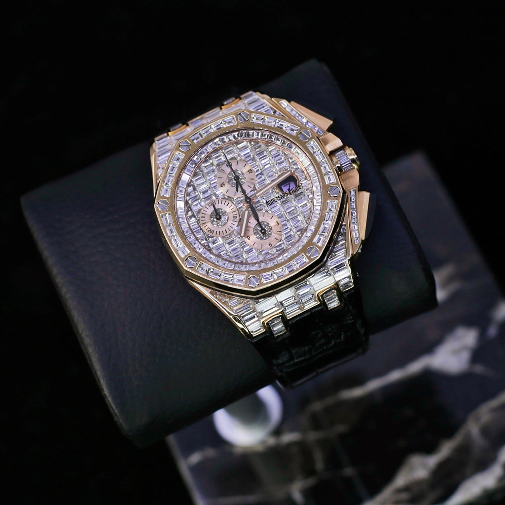 Custom Iced Out Audemars Piguet Royal Oak Offshore Chronograph 42mm, Black alligator leather  | Diamond Dial | 18k Rose Gold Case | Mens Watch, Ref. 26470.OR