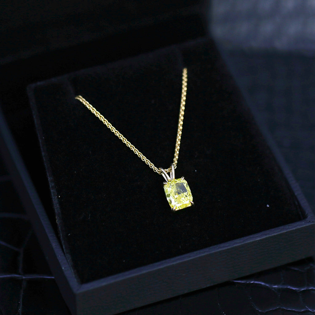 Lab-grown Fancy Vivid Yellow Cushion Cut Pendant in 14k Yellow Gold PEN-14400