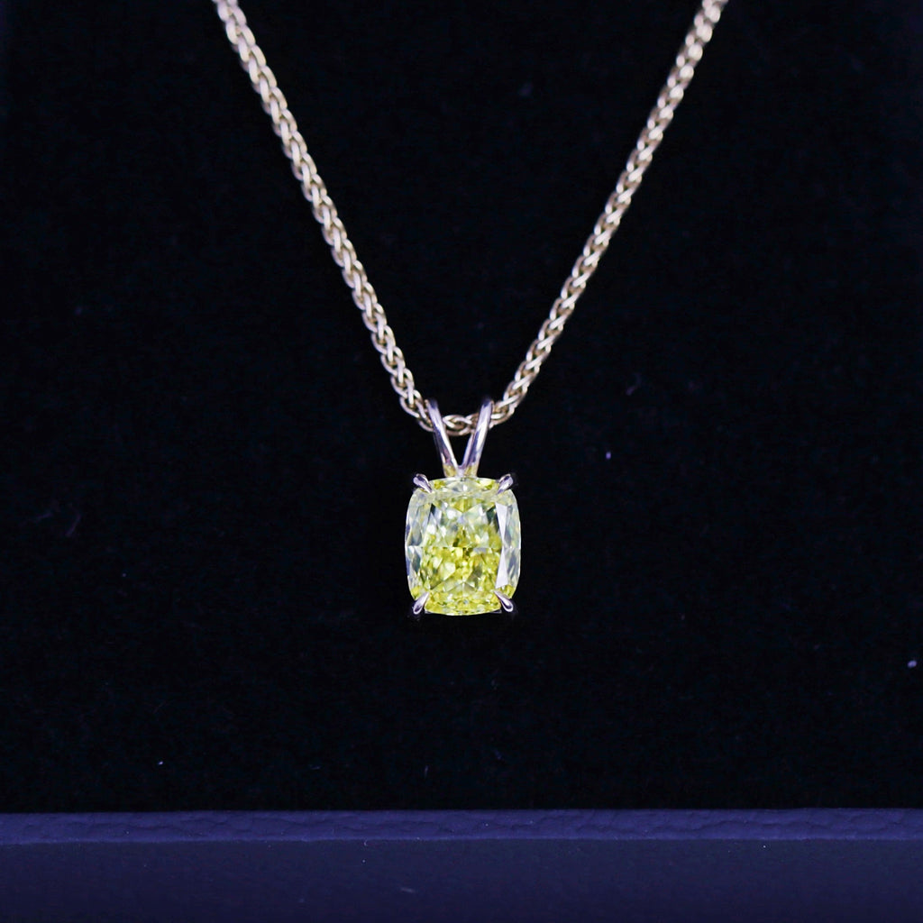 Lab-grown Fancy Vivid Yellow Cushion Cut Pendant in 14k Yellow Gold PEN-14400