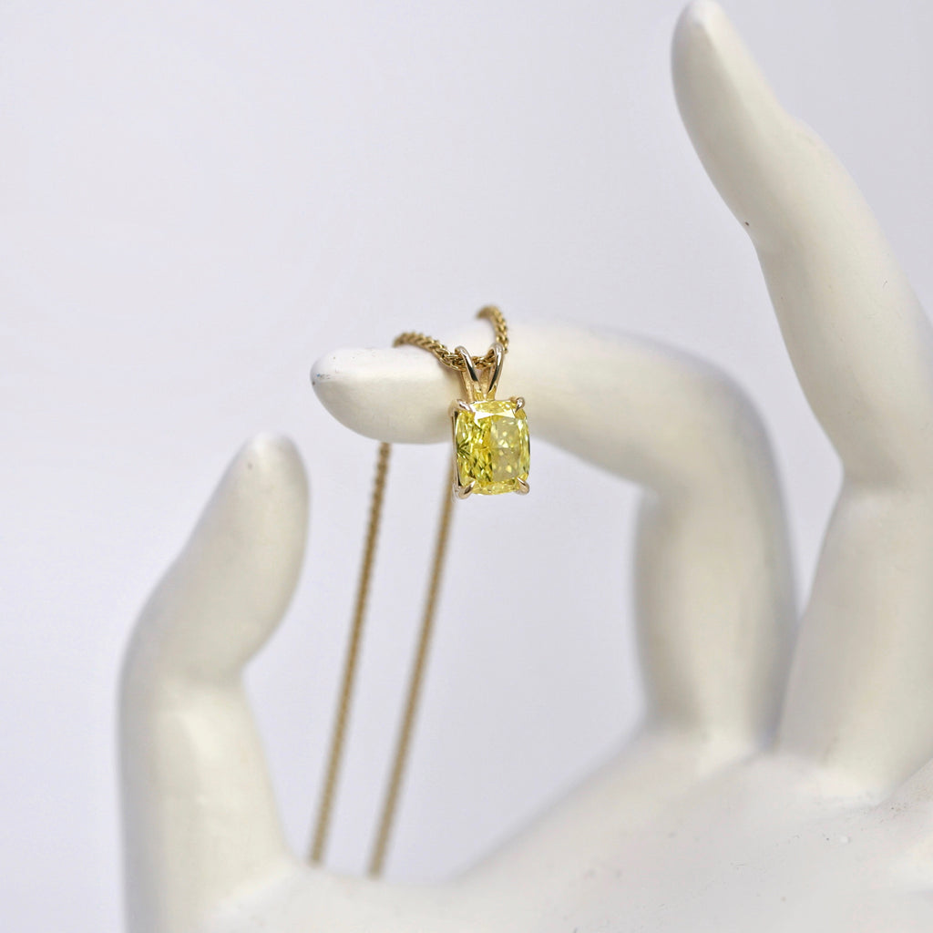 Lab-grown Fancy Vivid Yellow Cushion Cut Pendant in 14k Yellow Gold PEN-14400