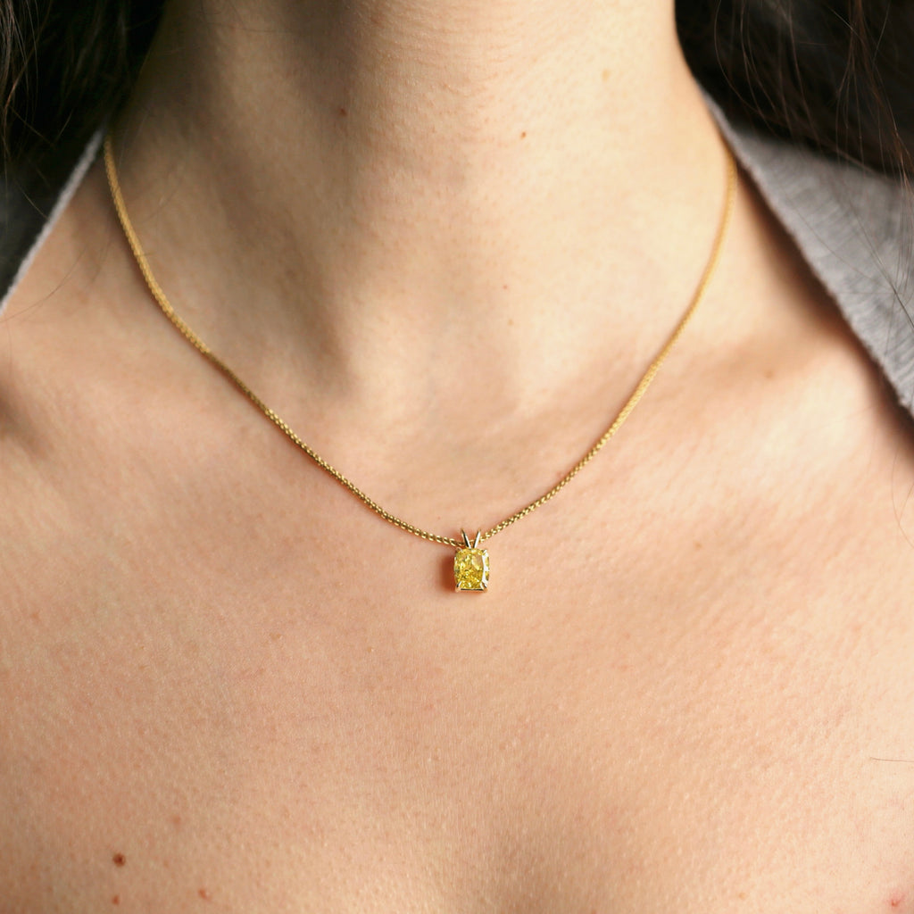 Lab-grown Fancy Vivid Yellow Cushion Cut Pendant in 14k Yellow Gold PEN-14400