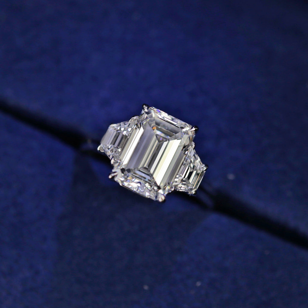 Lab-grown Three-Stone Emerald Cut Engagement Ring in Platinum with 4.75ct of TDW ENG-14400