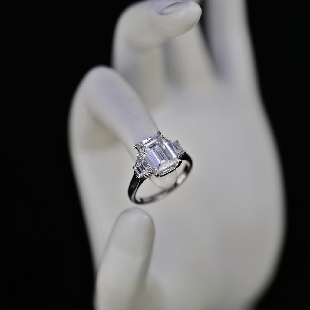 Lab-grown Three-Stone Emerald Cut Engagement Ring in Platinum with 4.75ct of TDW ENG-14400