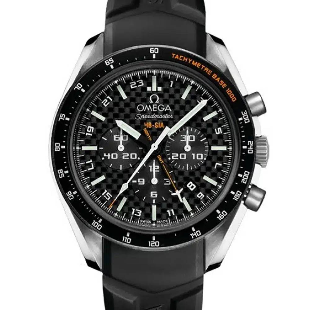 Omega Speedmaster HB-SIA GMT Chronograph SOLAR IMPULSE 44.25mm Watch - Ref: 321.92.44.52.01.001 - Black Dial, Black Rubber Bracelet