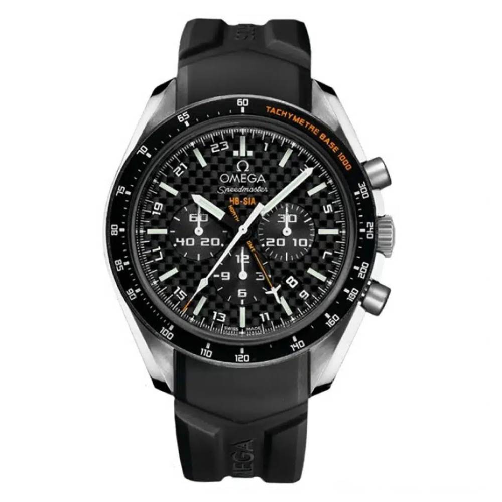 Omega Speedmaster HB-SIA GMT Chronograph SOLAR IMPULSE 44.25mm Watch - Ref: 321.92.44.52.01.001 - Black Dial, Black Rubber Bracelet