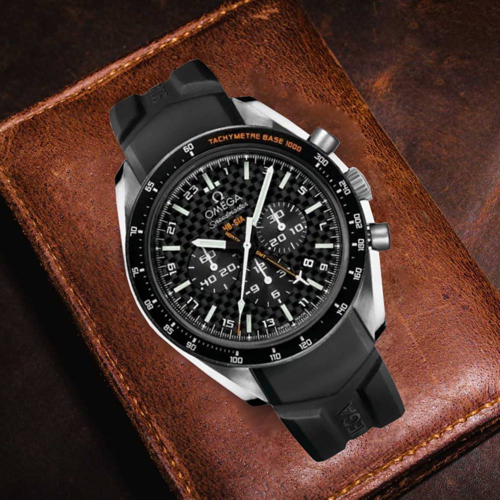 Omega Speedmaster HB-SIA GMT Chronograph SOLAR IMPULSE 44.25mm Watch - Ref: 321.92.44.52.01.001 - Black Dial, Black Rubber Bracelet