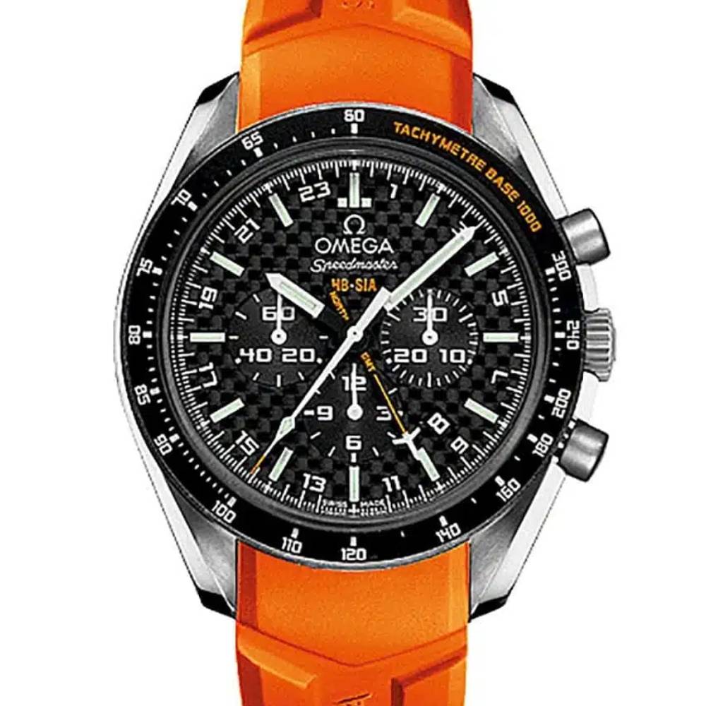 Omega Speedmaster HB-SIA GMT Chronograph SOLAR IMPULSE 44.25mm Watch - Ref: 321.92.44.52.01.003 - Black Dial, Orange Rubber Bracelet