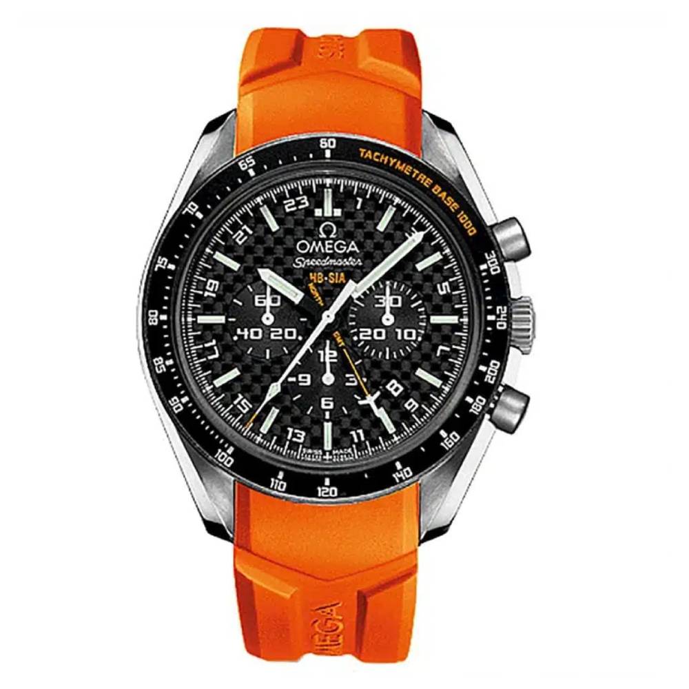 Omega Speedmaster HB-SIA GMT Chronograph SOLAR IMPULSE 44.25mm Watch - Ref: 321.92.44.52.01.003 - Black Dial, Orange Rubber Bracelet