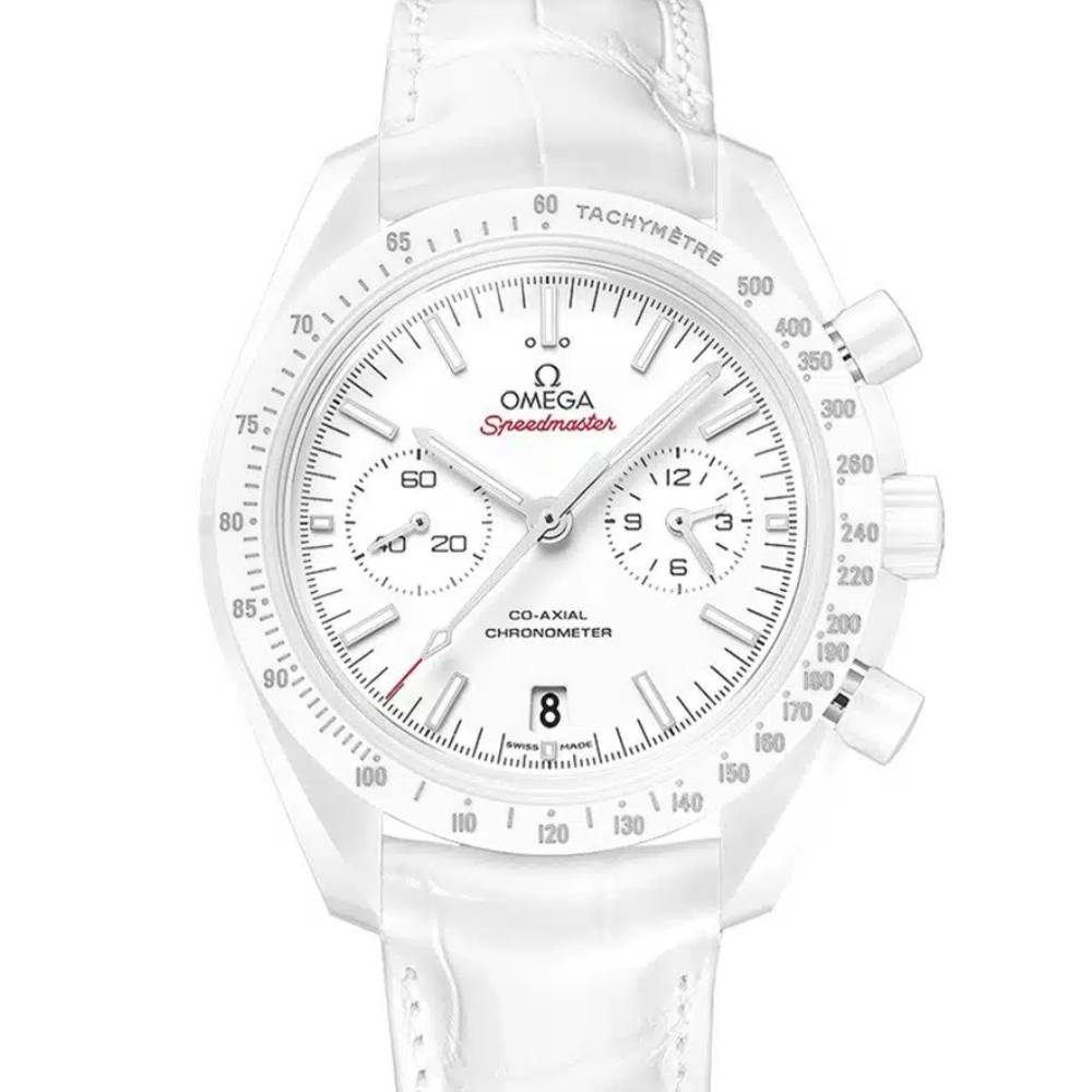 Omega Speedmaster Moonwatch Co-Axial Chronograph Midsize 44.25mm Watch - Ref: 311.93.44.51.04.002 - White Dial, White Crocodile Leather Bracelet