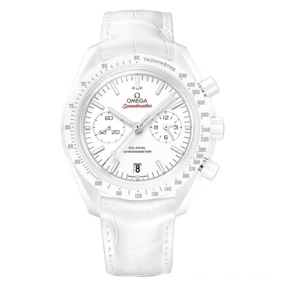 Omega Speedmaster Moonwatch Co-Axial Chronograph Midsize 44.25mm Watch - Ref: 311.93.44.51.04.002 - White Dial, White Crocodile Leather Bracelet