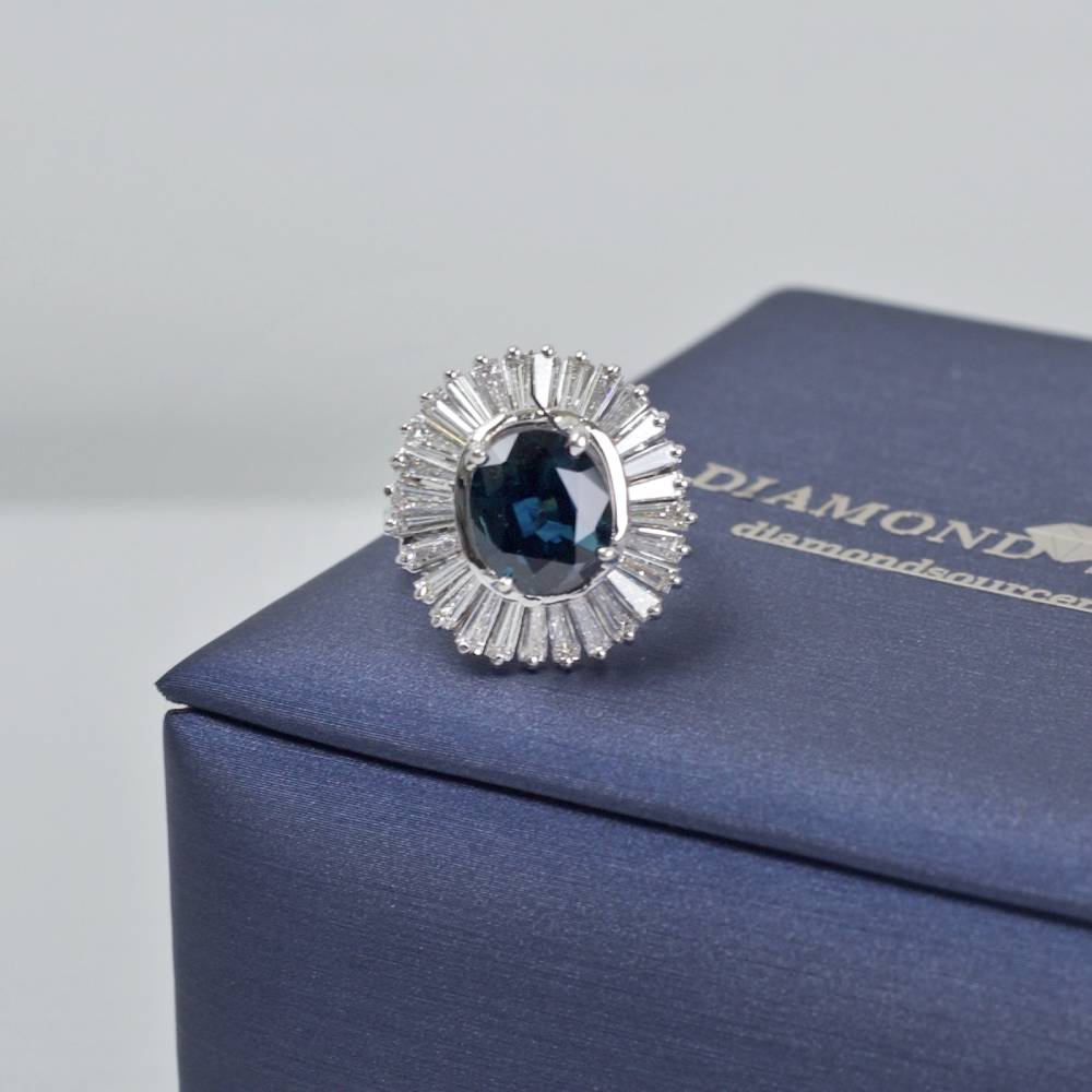 Oval Cut Blue Sapphire Fashion Ring with 3.50ct of Total Diamond Weight in 14k White Gold, RN-173000